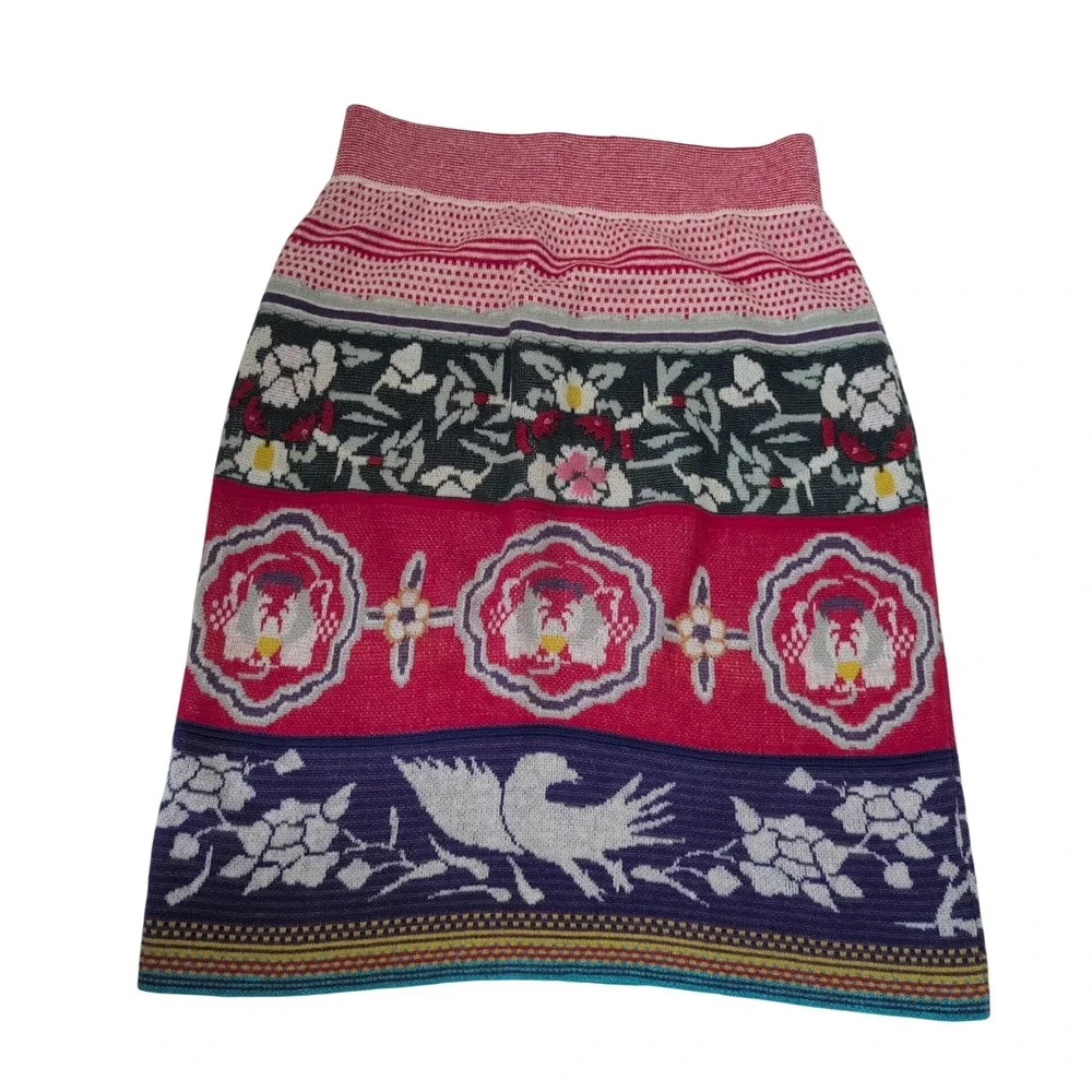 Moth Anthropologie Floral Bird Dove Knit Pencil Skirt Cotton Wool Linen S RARE